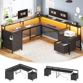 SEDETA L Shaped Desk with 6 Drawer, 108" Home Office Desk with File Drawer & Power Outlet, Corner Computer Desk with Monitor Shelf, File Cabinet, Two Person Desk, Gaming Desk with Led Lights, Black