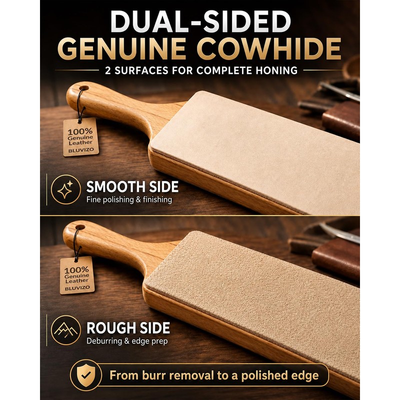 Leather Strop for Knife Sharpening: Double-Sided Genuine Cowhide Stropping Block