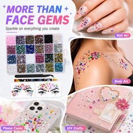 15000Pcs Face Glitter Gems Sticker Kit-Colorful Face Rhinestone Stickers 3mm Flatback Gems Jewels for Makeup Nail Body Rave Accessories for Eye Party & Holiday Supplies Tweezers and Picking Pen