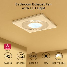 Bathroom Exhaust Fan with Light 165CFM Shower Vent Fan with 11.8IN 15w Led Light Combo Quiet 42dB Ceiling Exhaust Fan with Adjustable Led Light 3000k/4000k/6500k For Home Bath