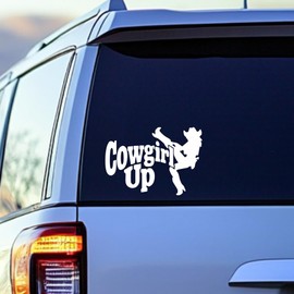 Western Cowgirl Up Car Decal – Unique Gift for Women Who Love Horses, Country Life, or Rodeo – 6.3x4.3 Inch White Vinyl Graphic for Trucks, Notebooks, Bumpers, or Rear Glass (wll067-white)