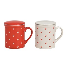 Set of 2 Tea Cups with Filter and Lid | 2 Ceramic Tea Cups with Heart Decoration | Gift for Couples - Set of 2 Mugs 340ml (Red/White)