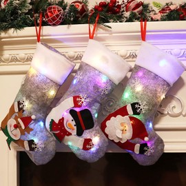 LISI Pack of 3 Christmas Stockings, Glow Santa Stockings for Filling, 30 x 14 cm, Fireplace Christmas Tree Party Decoration, Grey