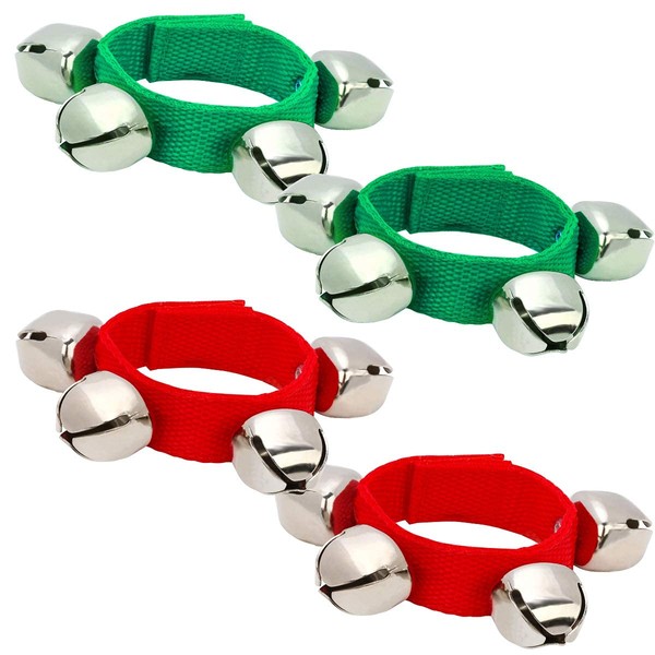 Coolrunner 2pcs/4pcs Band Wrist Bells Christmas Musical Tambourine Wrist Shaking Jingle Bells Percussion Orchestra Rattles (Red+Green)