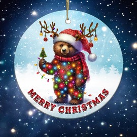 Decorlion 2024 Christmas Ornament - Bear Merry Christmas Ceramic Ornament, Christmas Tree Decoration, Woodland Animal Ornament, Bear Christmas Ornament, Bear Lover Gift