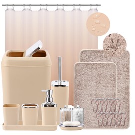 XLHOMO Bathroom Accessory Set–Bathroom Sets with Shower Curtain and Rugs, No Slip Bathroom Rugs Super Absorbent, Beige Ombre Water-proof Shower Curtain with Hooks, Pink Bathroom Sets Complete for Home