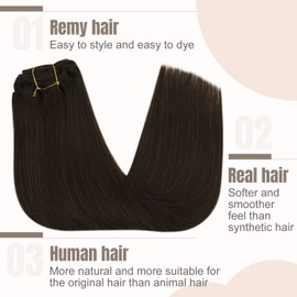 Fshine Clip-In Extensions, Real Hair, 35 cm, Darkest Brown Straight Hair, 120 g, Brazilian Hair Extensions Clip, Remy Hair Extensions, Real Hair Clip, 7 Pieces, Christmas Decoration