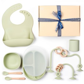 Baby Pastuzzo Set of Silicone Baby Feeding Essentials 6 in 1 and Educational Montessori Baby Toys, highchair Toys Suction for Infant Toddlers (Olive)