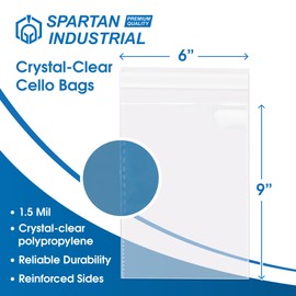 Spartan Industrial - 6" X 9" (1000 Count) Resealable Adhesive Crystal Clear Cello Poly Bags for Packaging, T Shirts, and More - Self Seal & Reinforced