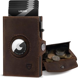 LORZOR AirTag Wallet with XXL Coin Compartment for 10+ Coins, Slim Wallet AirTag, Men's Genuine Leather Wallet, AirTag Wallet Men's Wallet, Card Holder RFID Protection, Smart Wallet, Wallet, dark