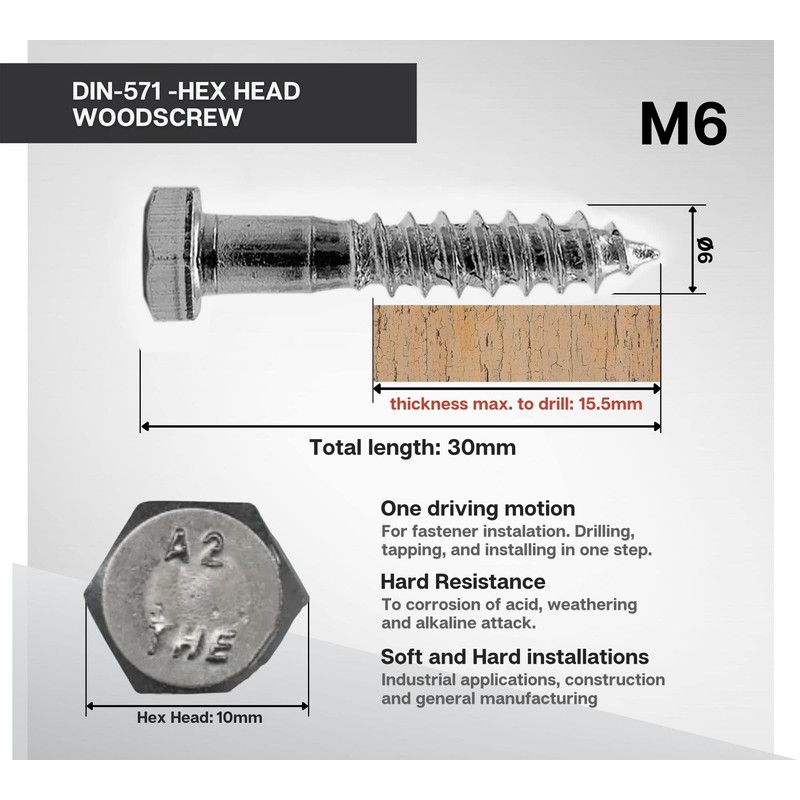 DOJA Barcelona Hexagon Wood Screws Assorted Screws Pack 50-6 x