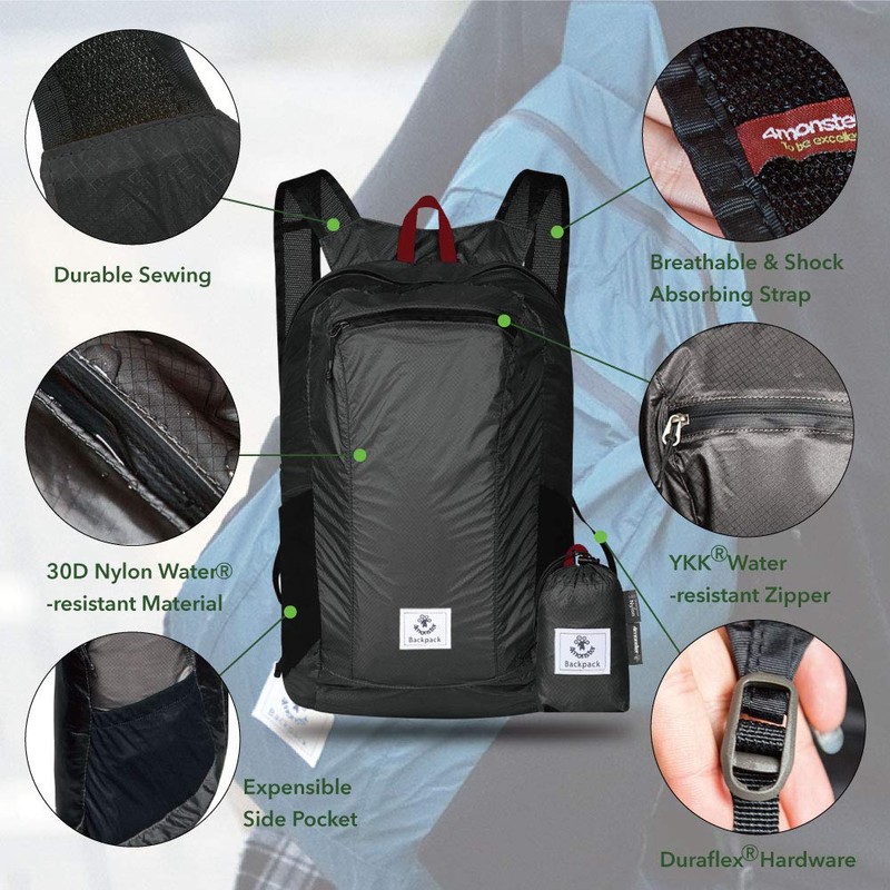 4Monster Water Resistant Foldable Backpack, Packable Hiking Daypack, Ultralight Travel
