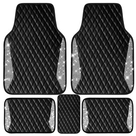 CAR PASS Bling Leather Car Mats Shining Diamond Floor Mats Crystal Rhinestone Sparkly Glitter Carpet Anti-Slip Waterproof Pad Universal Fit Automotive SUV, Sedan, Van, 5pcs Girl Women, Black Silver