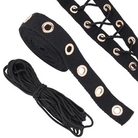 BENECREAT 3 Yards Cotton Grommet Eyelet Twill Tape Trim, Black Grommet Twill Tape, With 1 Strand of Round Polyester Braided Cord, For Sewing Garment Corsets Shirts Dresses Jackets