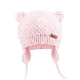 Duoyeree Baby Winter Hat Earflap Cotton Lining Knit Beanie Cap for Toddler Girl Boy (0-6 month, Pink)