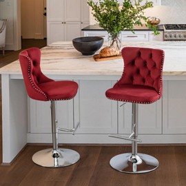 SoarFlash Velvet Bar Stool Set of 2, Adjustable Swivel Bar Stools with Silver Plated Metal Leg, Button Tufted, Footrest, Chrome Nailhead, Counter Height Chair for Kitchen, Bar, Dining Room (Wine Red)