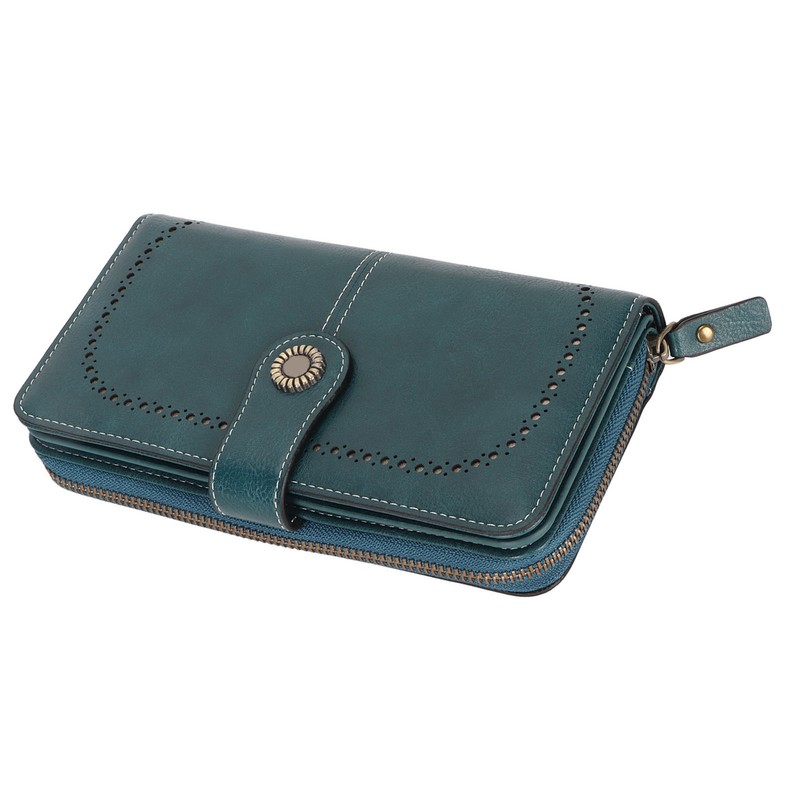 RFID Blocking Leather Wallet Large Capacity Double Snap Button Women