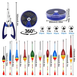 IIRC RRIC Pack of 10 Fishing Floats, Float Fishing with 100 Fishing Leads, 5 Sizes, 1 Fishing Pliers, Float Set for Various Fish Sizes in Lakes