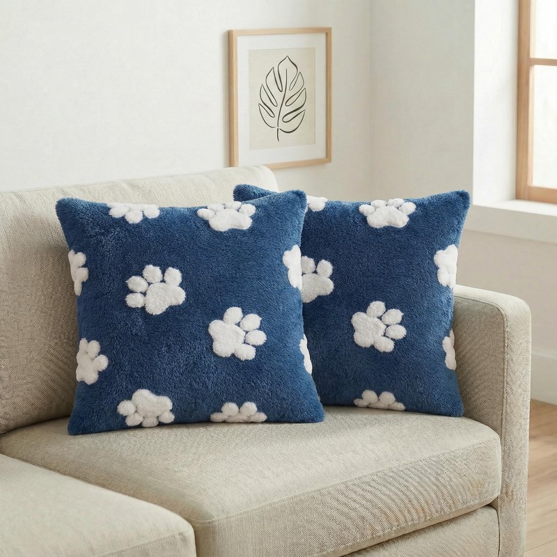 Spring Summer Pet Dog Paws Dark Blue Throw Pillow Covers