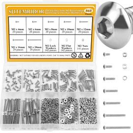 565 Pieces M2 Screws Nuts Washers Set, Sutemribor M2 x 4/6/8/10/12/16/20mm Button Head Socket Cap Screws Nuts Washers Assortment Kit, 304 Stainless Steel, Fully Threaded