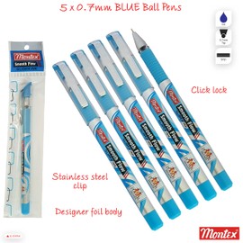 Montex 5 x 0.7mm Steel Tip Smooth Flow Ball Pen BLUE Ballpoint Pens Glider Ink