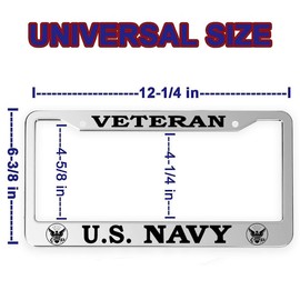 2pcs for US Navy Veteran License Plate Frames – Silver Aluminum – 12.5’ x 6.5’ Veteran USN License Plate Holder