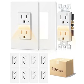 SURAIELEC 15AMP Outlet with Nightlight, Dusk to Dawn Guide Light, Electrical Receptacle with LED Night Light 3000K, Tamper Resistant Outlet, ETL Listed, Screwless Wall Plate Included, White, 10 Pack