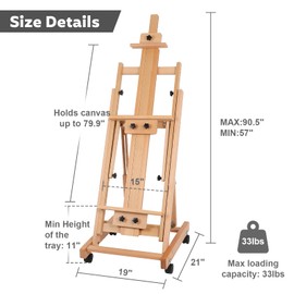 Painting Easel for Adults, Holds 2 Canvases Painting Easel, Removable Floor Adjustable Easel with Brake Wheels, Art Easel for Adults, Natural