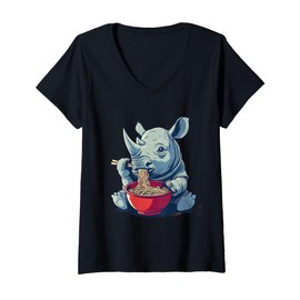 Womens Rhino Eating Ramen Rhino Ramen Bowl Japanese Noodles Lover V-Neck T-Shirt