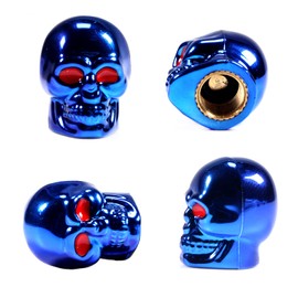 Dsycar Skull Style Tire Valve Stem Caps Antirust Copper Core, Red Eyes with Rubber Ring, Universal Stem Covers for Cars, SUVs, Bike and Bicycle, Trucks, Motorcycles - 4Pcs/Box - (Blue)