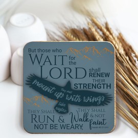 Christian Coasters, Pack of 6 cork coasters, Eagles Wings, with Bible verse Isaiah 40:31. Beautiful Christian gifts for women or men, by Just Cards Direct