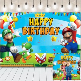 Cartoon Theme Theme Party Backdrop, Kid's ma rio Decorations Backdrop, Happy Birthday Banner Photography Background, Bros Birthday Sign Poster For Girls And Boys Party (5 * 3FT)