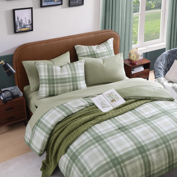 AMBERSPACE Green Twin XL Comforter Set, Plaid Twin Comforter Set
