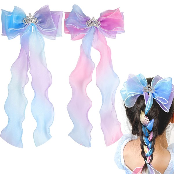 2 Pcs Hair Bows for Girls Colorful Ribbon Hair Bows Princess Bows Hair Barrettes Alligator Clips for Girls Kids Teens Hair Accessories (Gradient Color)
