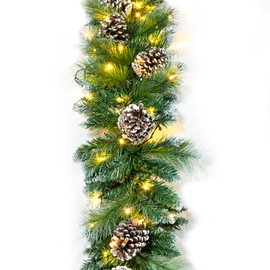DearHouse 9FT Christmas Pine Garland with 50 LED Ligths, Winter Prelit Christmas Garland with Spruce Cypress for Holiday Season Mantel Fireplace Table Runner Centerpiece Xmas Decoration