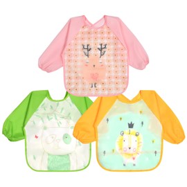 Vicloon Bibs with Sleeves, 3 Pcs EVA Double Layer Long Sleeve Waterproof Bibs, Unisex Feeding Bibs, Bibs Apron Lovely Cute Cartoon Bibs for Infant Toddler 6 Months to 24 Months