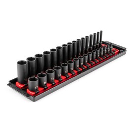 TEKTON 1/4 Inch Drive Shallow and Deep 6-Point Impact Socket Set with Rails and Tray, 32-Piece (4-17 mm) | SID90201