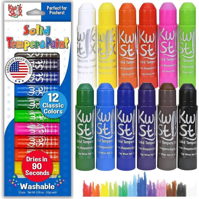 Kwik Stix Solid Tempera Paint Sticks, 12 Colors, Washable Paint