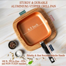 Moss & Stone Square Grill Pan For Indoor Cooking, 9.5In Frying Pan Copper Non...
