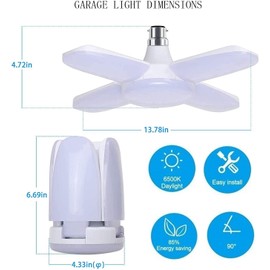 Jiotouhu B22 Bayonet LED Garage Light 60W, 6500K Daylight White 6800Lm Deformable Workshop Lamp with 4 Adjustable Panels, LED Ceiling Lighting, for Garages, Basement, Warehouse, Attic, Gym (Pack of 1)