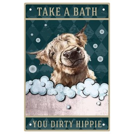 CREATCABIN Funny Metal Tin Sign Bathroom Cow Take A Bath You Dirty Hippie Bathroom Poster Plaques with Quotes Retro Wall Hanging Decor Ornaments for Home Bedroom 8 x 12inch
