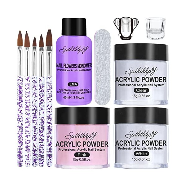 SPTHTHHPY Acrylic Powder and Liquid Set - Acrylic Nail Kit with 3 Colors Pink White Clear, Professional Monomer Acrylic Nail Brush Nail Forms for Acrylic Nails Extension Beginner Kit