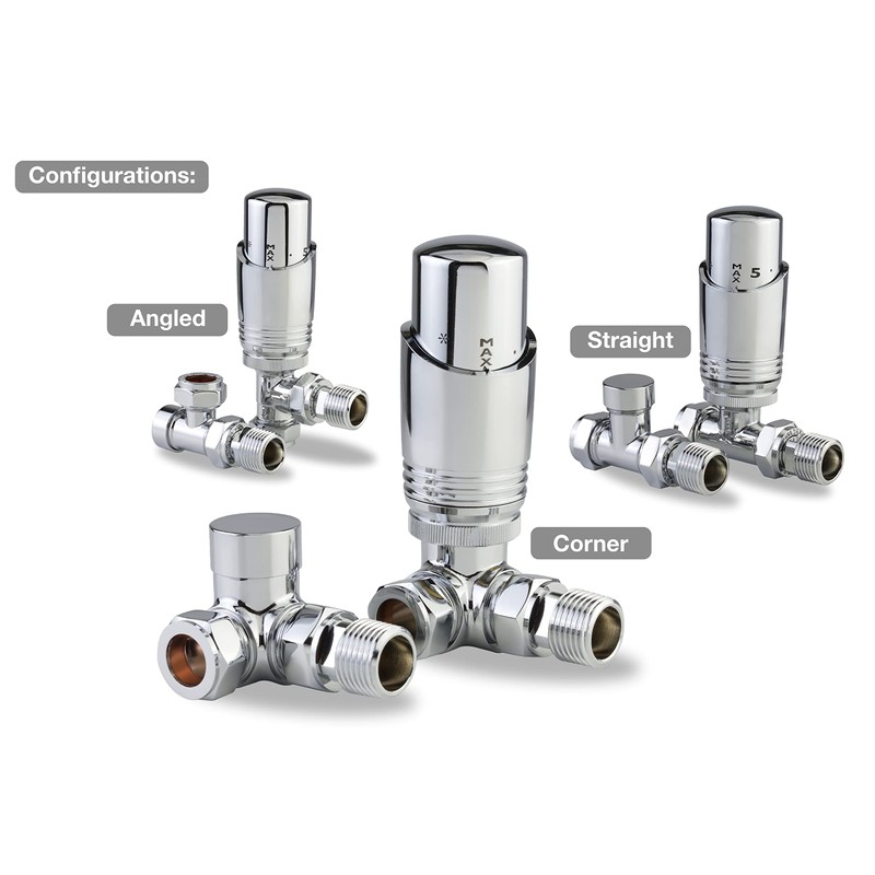 Chrome Thermostatic Radiator Valve Angled Corner Straight TRV Radiator Thermostat
