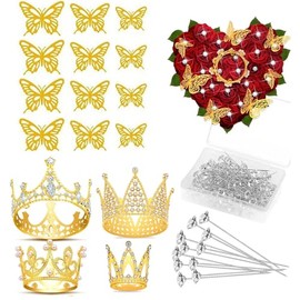 Accesorios para ramo de flores que incluyen 4 piezas de corona para tartas, 12 decoraciones de mariposa y 50 alfileres de ramo para cumpleaños y boda