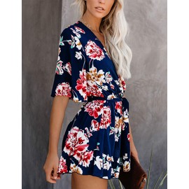 Relipop Women's Summer Romper Floral Print V Neck Flared Half Sleeve Elastic Tie Waist Ruffle Casual Rompers Jumpsuits