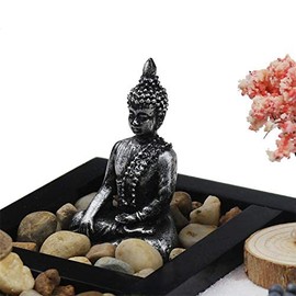 ZEN&TAO Japanese Zen Garden, Black Tray with Two Trees, Two Mosses, Buhhda Statue, Bridge, Stones and Sand Toolset, Office Desk Accessories, for Meditation, Relaxation and Gift.