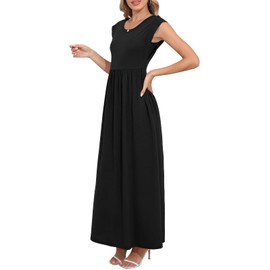DB MOON Womens 2025 Maxi Dresses Empire Waist Casual Summer Long Sun Dress Cap Short Sleeve Sundress with Pockets L, Black 01