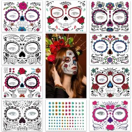 Halloween Face Tattoos,9Pcs Day of the Dead Face Stickers,Sugar Skull Black Skeleton Web Red Roses,Halloween Temporary Tattoos for Women Men Adult Kids Boys Halloween Party Fancy Dress Up Accessories