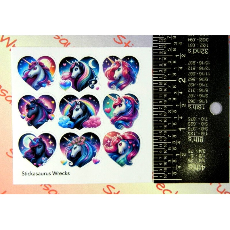 Stickasaurus Wrecks Midnight Unicorn Hearts Mini Sticker Sheet Style 2