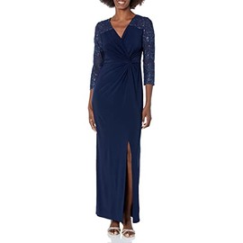 Alex Evenings Women's Long Stretchy 3/4 Sleeve Knot Front Column Dress, Navy Illusion, 14